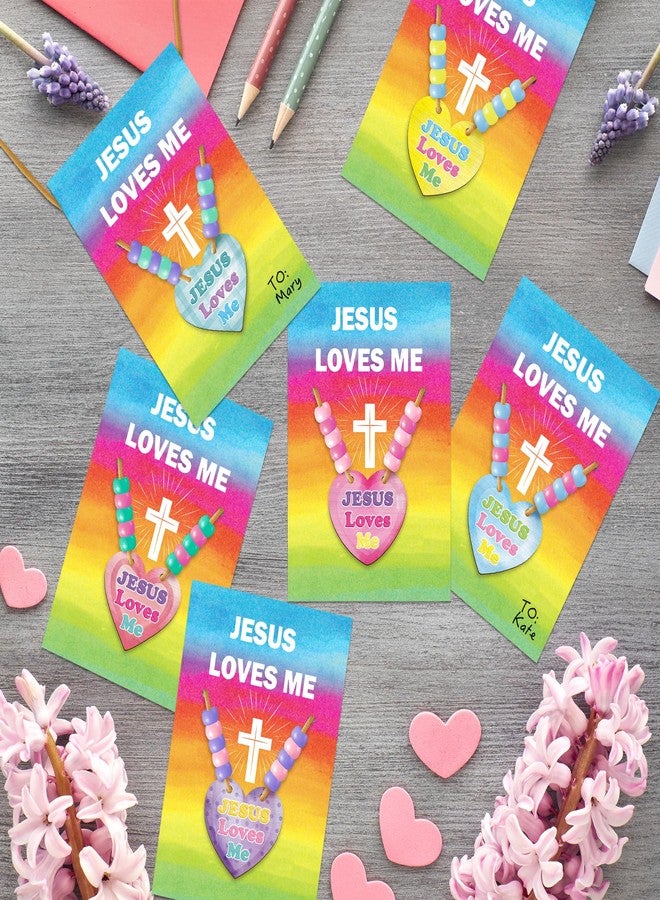 BeYumi Valentine Necklace Craft Kit - 24Pcs DIY Valentine JESUS LOVES ME Wooden Heart Pendant Beads Necklace Making with Greeting Card Christian Religious Gift Kids Church School Classroom Party Favor - Image 4